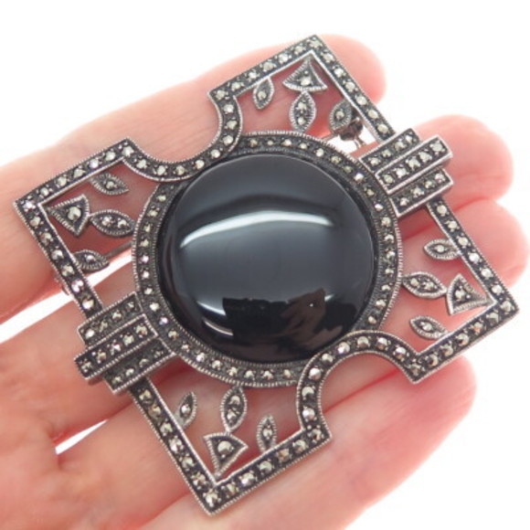 925 Sterling Silver Vintage Real Black Onyx Marcasite Art...
